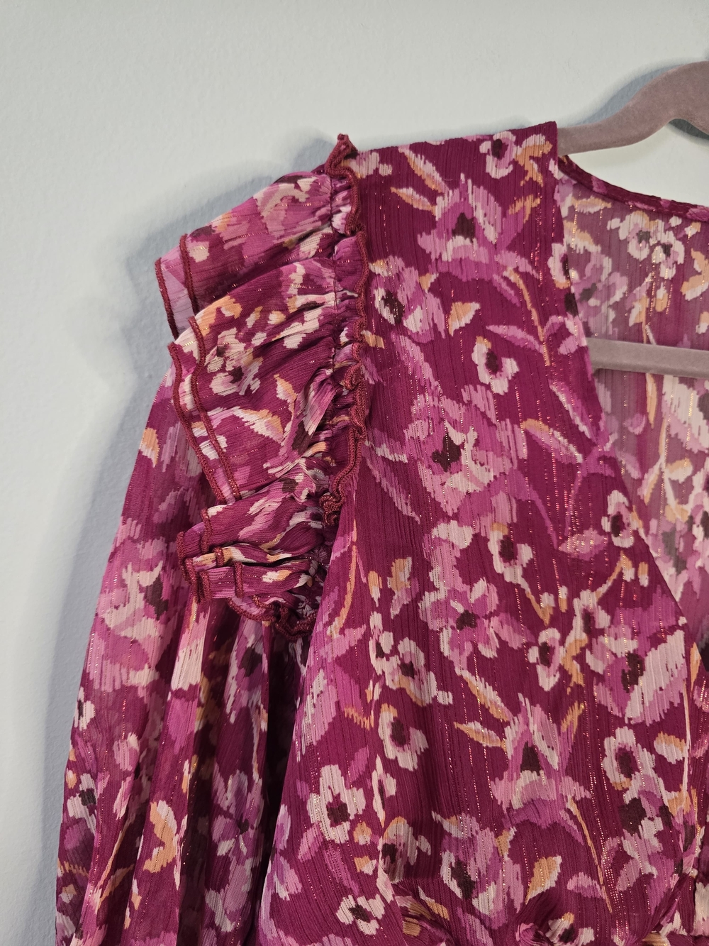 Aqua Raspberry Floral V-Neck Ruffle Blouse - Picture 4 of 14